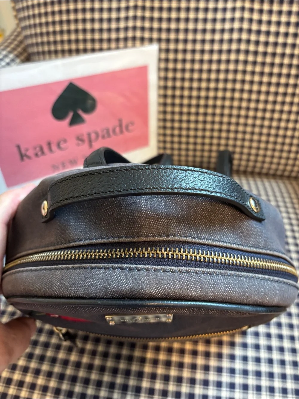 kate spade Grove Street Poppy Dark Denim Mini Backpack with Red Floral Appliqués